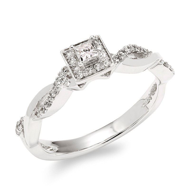 White gold, princess-cut diamond halo engagement ring
