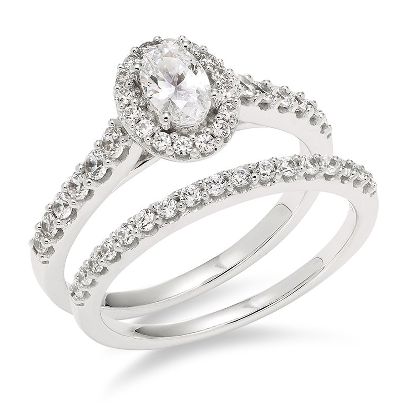 Bridgette: White gold, oval diamond halo bridal set