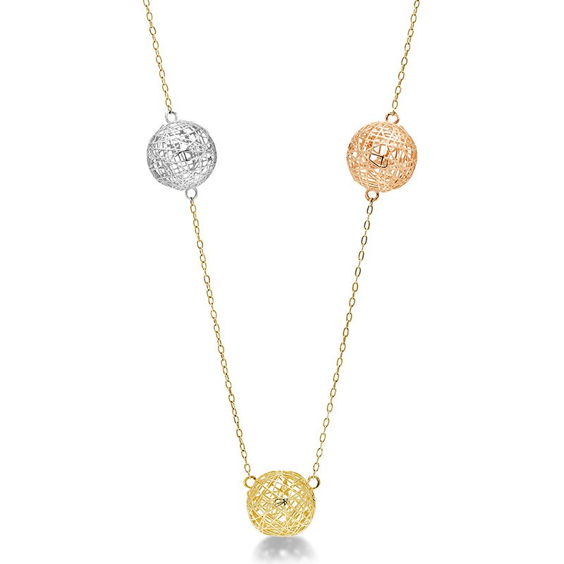 Tri-color gold floating mesh ball necklace