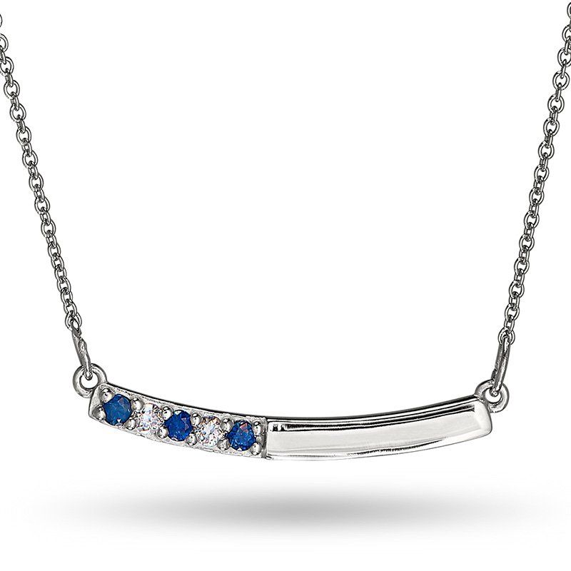 White gold, genuine sapphire and diamond curved bar necklace