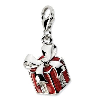 Amore La Vita Sterling Silver Rhodium-plated Polished Red Enameled Present Charm with Fancy Lobster Clasp