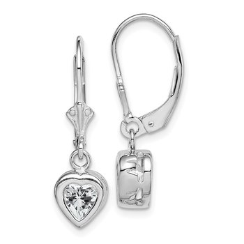 Sterling Silver Rhodium Plated 6mm Heart CZ Leverback Earrings