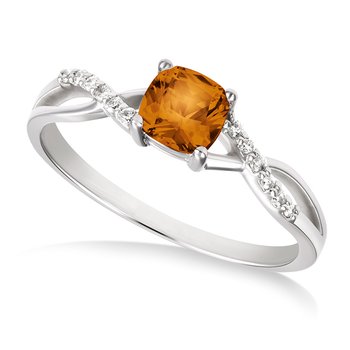 White gold, cushion-cut genuine citrine and diamond ring with split shank