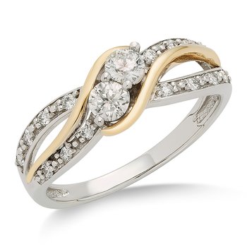 Two-tone gold, 2-stone diamond ring with split shank