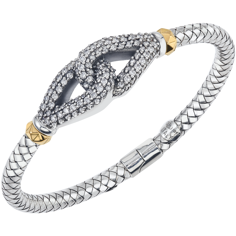 Alisa VHB 1208 D Diamond Full Knot Sterling Traversa Spring Bangle Bracelet, Yellow Gold Rondelles