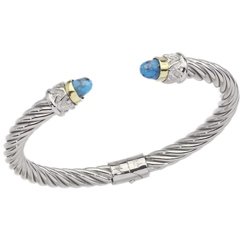 AO 12-952 FTQM Yellow Gold Bezel Set Faceted Turquoise with matrix cabochons Twisted Cable Sterling Spring Cuff Bracelet