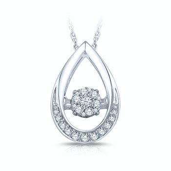 White gold, tear-drop-shape pendant with twinkling diamond cluster 