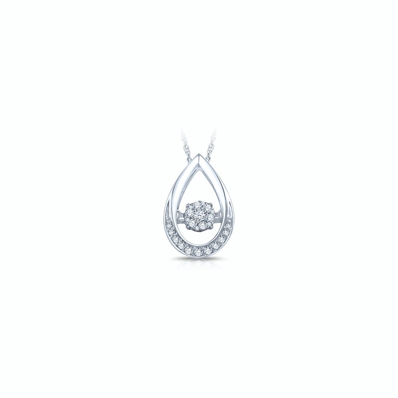 White gold, tear-drop-shape pendant with twinkling diamond cluster 