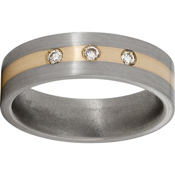 Titanium Flat Band with a 2mm 14K Yellow Gold Inlay, Three 3-point Diamonds, and Satin Finish