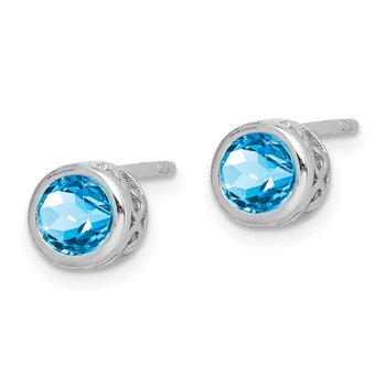 Sterling Silver Rhodium Polished Blue Topaz Round Post Earrings
