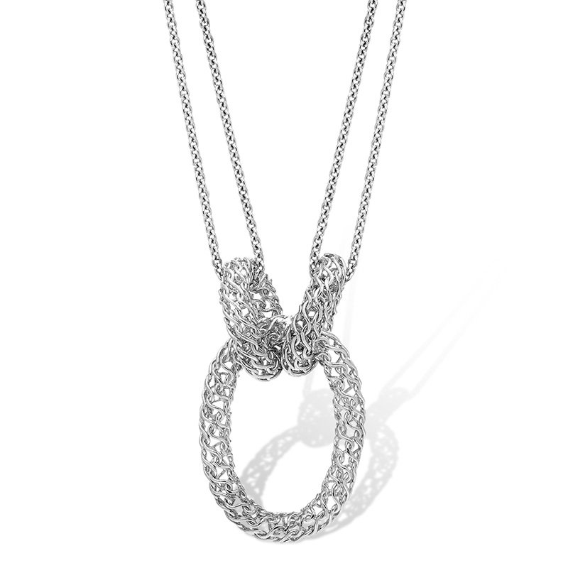 Sterling silver mesh, oval-shaped tube necklace on cable chain