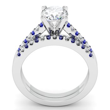 Cathedral Channel Set Blue Sapphire & Diamond Engagement Ring with Matching Wedding Band