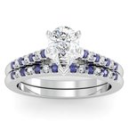Cathedral Channel Set Blue Sapphire & Diamond Engagement Ring with Matching Wedding Band