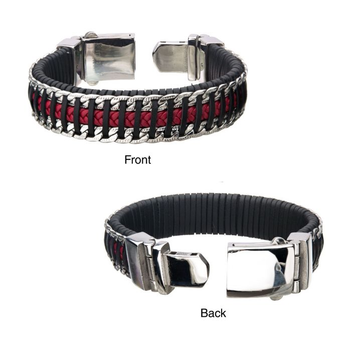 BR71 T&T 316L Stainless Steel Black Leather Bangle Bracelet 