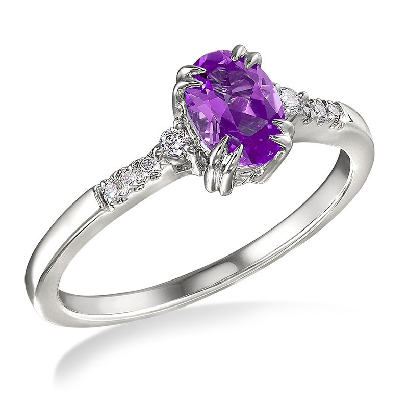 White gold, oval genuine amethyst and diamond fashion ring