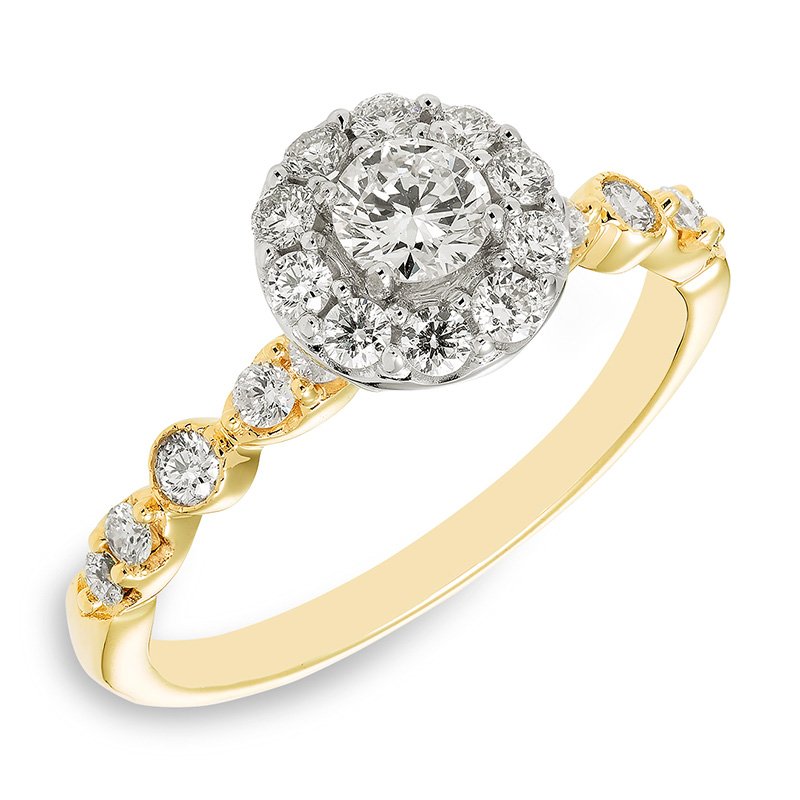 Whitney: Two-tone gold, vintage-inspired round diamond halo engagement ring