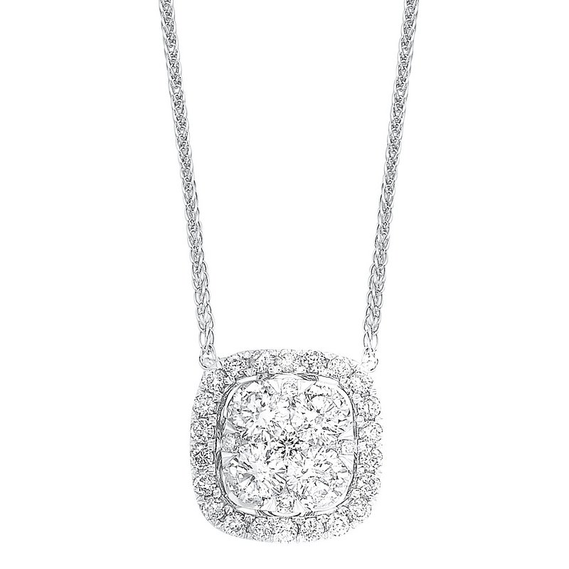 Diamond Cushion Cluster Halo Pendant Necklace in 14k White Gold (1/2 ctw)