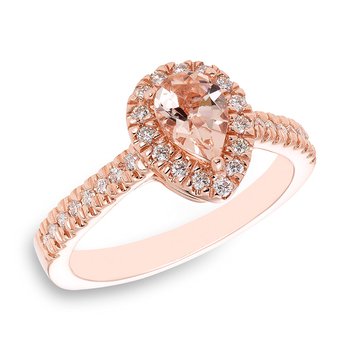 Rose gold, pear-shape morganite and diamond halo ring