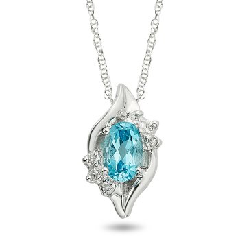 White gold, oval genuine Swiss blue topaz and diamond pendant