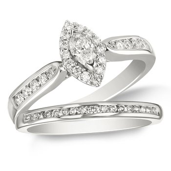 White gold, marquise-cut and round diamond halo bridal set