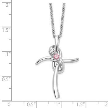 Survivor Collection 10K White Gold Rhodium-plated 16 Inch White and Pink Swarovski Topaz Grace Cross Necklace with 2 Inch Extender