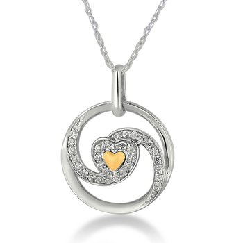 Two-tone gold diamond swirl heart pendant