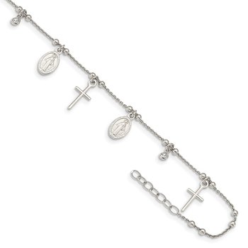 Sterling Silver CZ Cross and Mary Charm 9in Plus 1in Ext Anklet