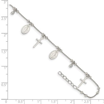 Sterling Silver CZ Cross and Mary Charm 9in Plus 1in Ext Anklet