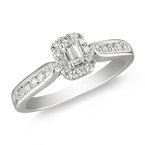 White gold, emerald-cut and round diamond halo bridal set