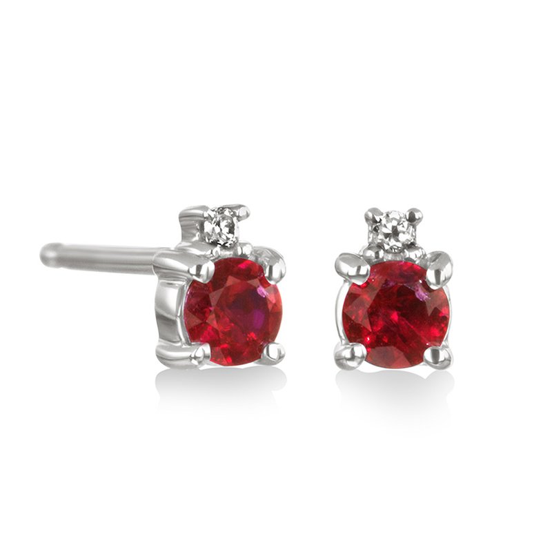White gold, genuine ruby and diamond petite stud earrings
