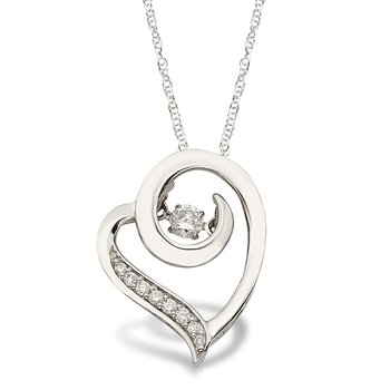 White gold, swirl heart pendant with a twinkling diamond and accent diamonds