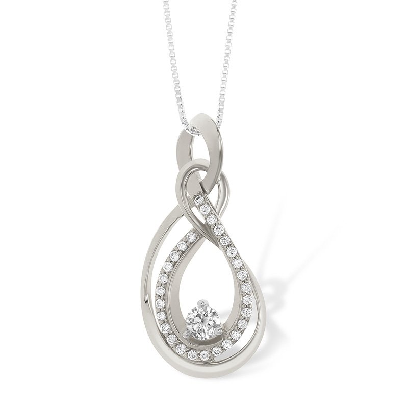 White gold, teardrop knot diamond pendant with center diamond