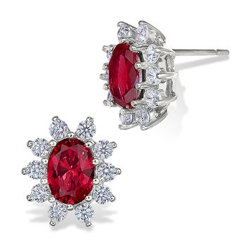 Sterling silver, cubic zirconia, and synthetic ruby oval earrings