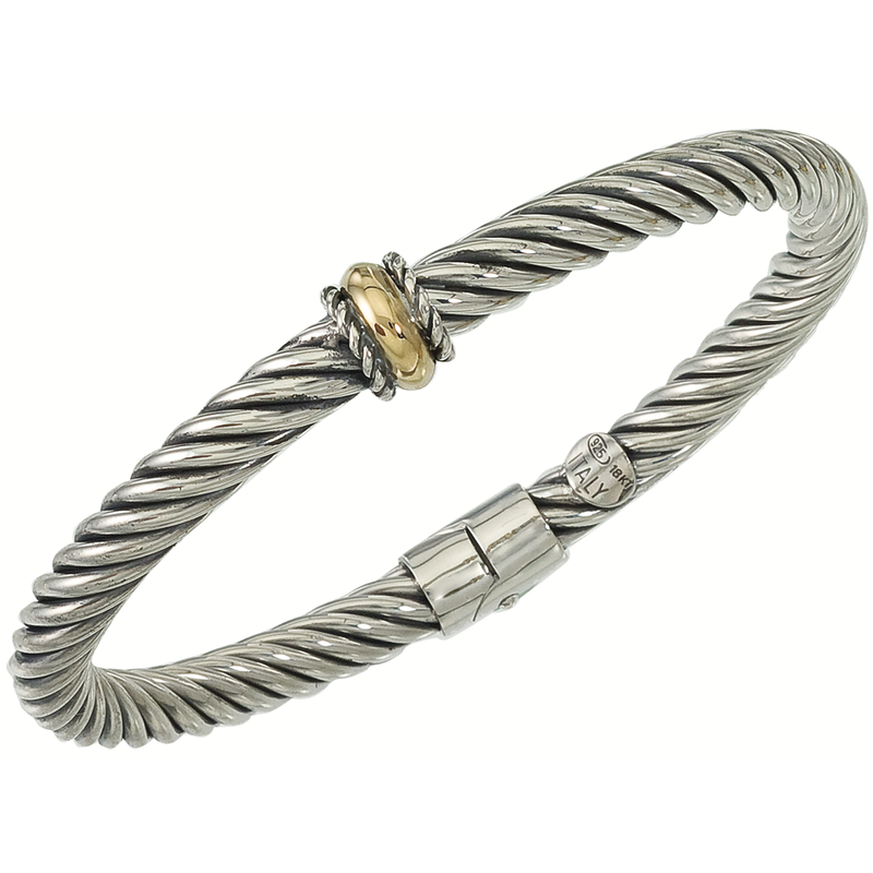Alisa VHB 395 Wide Single Yellow Gold Rondelle Station Sterling Twisted Cable Spring Bangle Bracelet