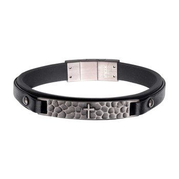 Black Leather Strapped with Cross Hammered ID Bracelet BR40274BK