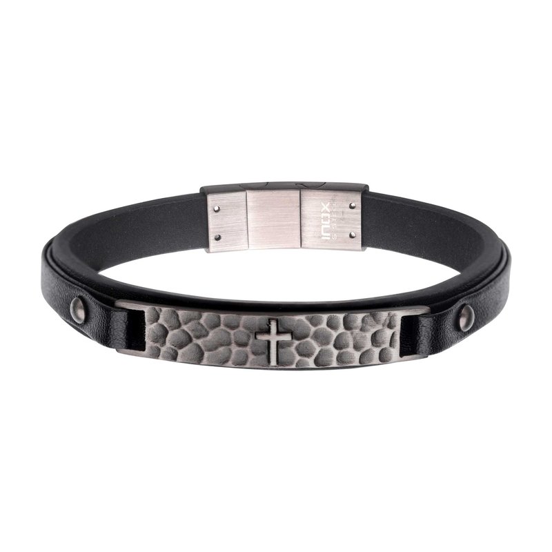 INOX Jewelry Black Leather Strapped with Cross Hammered ID Bracelet BR40274BK
