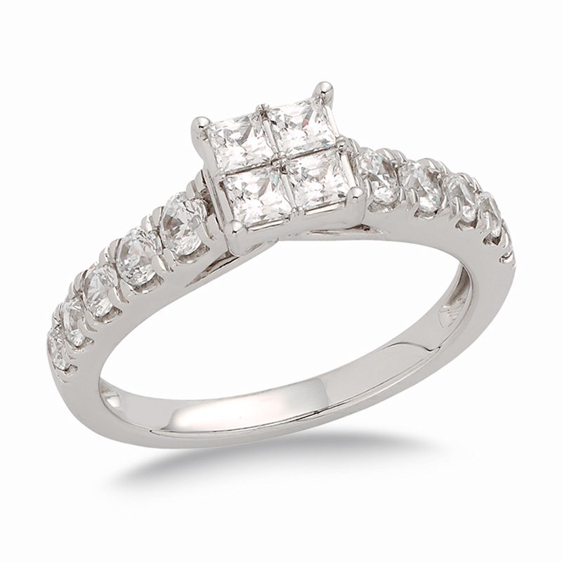 White gold, princess diamond engagement ring with round diamonds on shank