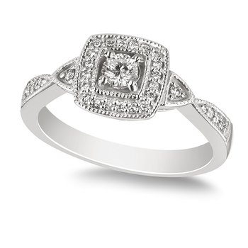 White gold, cushion-shape, diamond halo engagement ring
