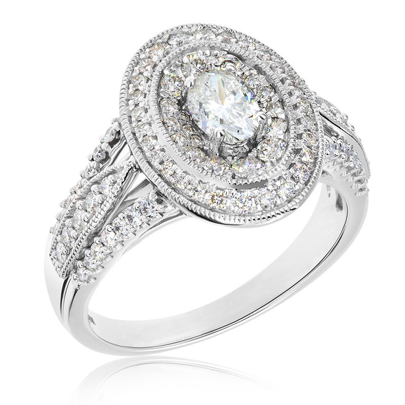 White gold, vintage-inspired double oval diamond halo fashion ring