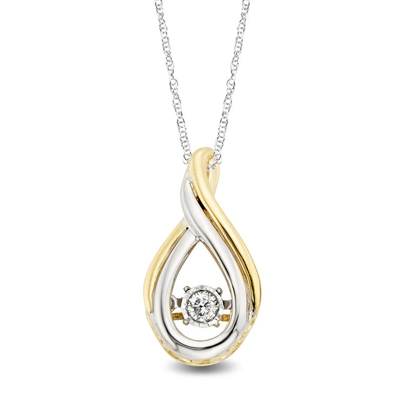 Two-tone gold, teardrop twist pendant with a twinkling center diamond