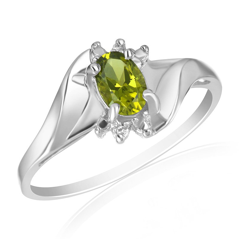 White gold, oval genuine peridot and diamond ring with twisted shank