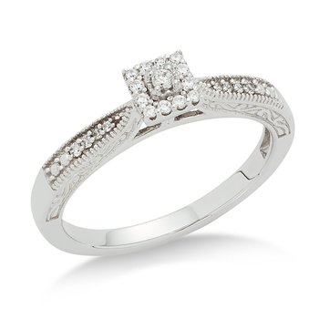 White gold, princess-shape, round diamond halo engagement ring