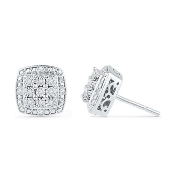 .10ctw Diamond Square Cluster Silver Earrings