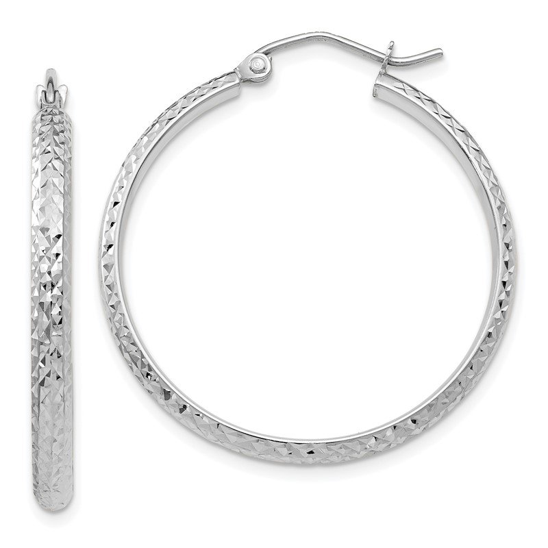 FB Jewels Solid 14K White Gold Diamond-Cut 2.8X30mm Hollow Hoop Earrings 