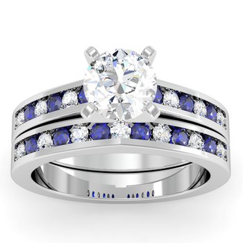 Channel Set Blue Sapphire and Diamond Engagement Ring with Matching Wedding Band