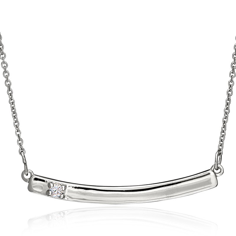 White gold and round diamond solitaire curved bar necklace