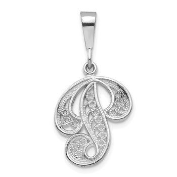 14KW White Gold Solid Polished Script Filigree Letter P Initial Pendant