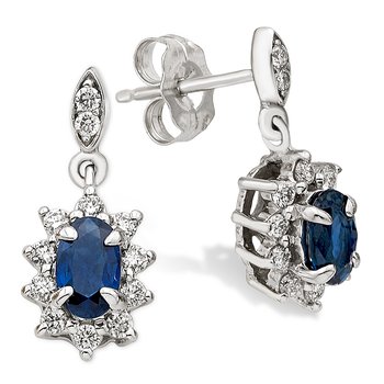 White gold, oval genuine sapphire and diamond earrings