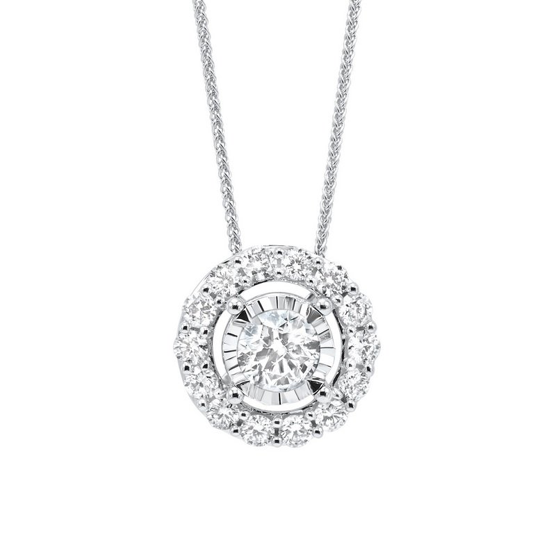 Diamond Halo Solitaire Starburst Pendant Necklace in 14k White Gold (1/2ctw)