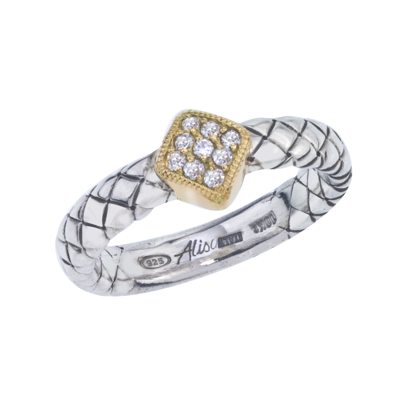 Alisa VHR 1233 D Sterling Traversa Band Ring, Yellow Gold Diamond Shape Pave' Diamond Station